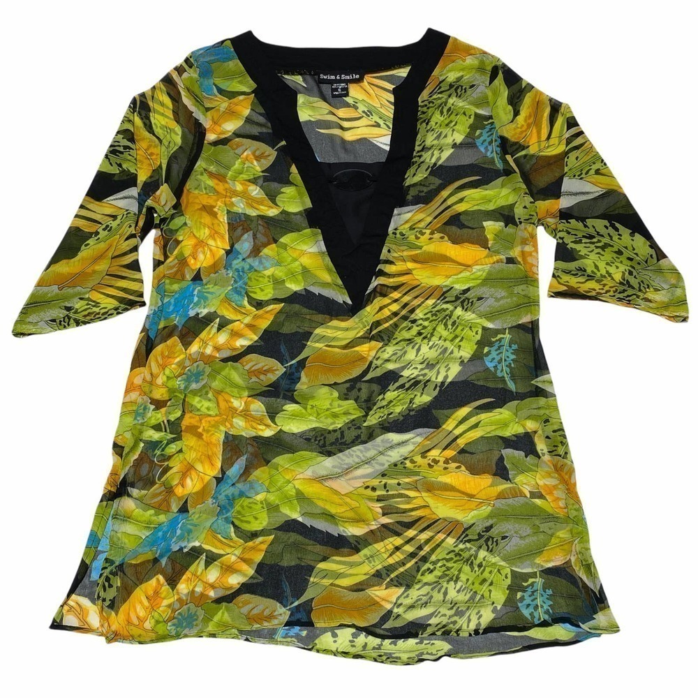 SWIM & Smile Green Abstract Print Long Sleeve Bathing Suit Cover-Up - Picture 5 of 11